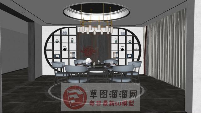 中式餐厅博古架餐桌椅SU模型