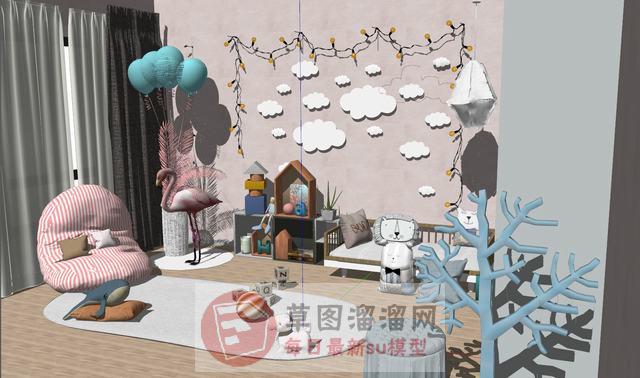 公主儿童房懒人SU模型