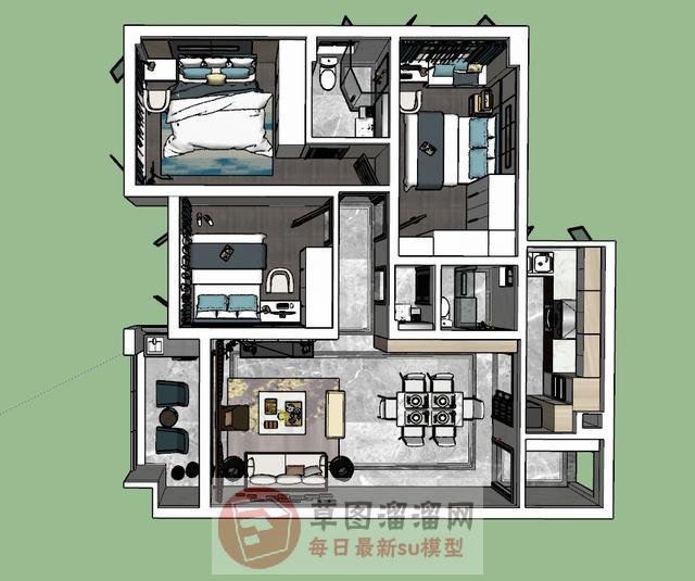 三房家装户型SU模型
