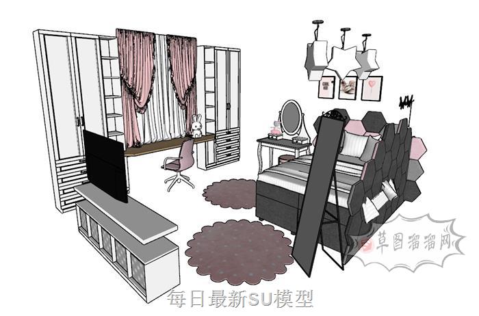 儿童房女儿房床铺SU模型
