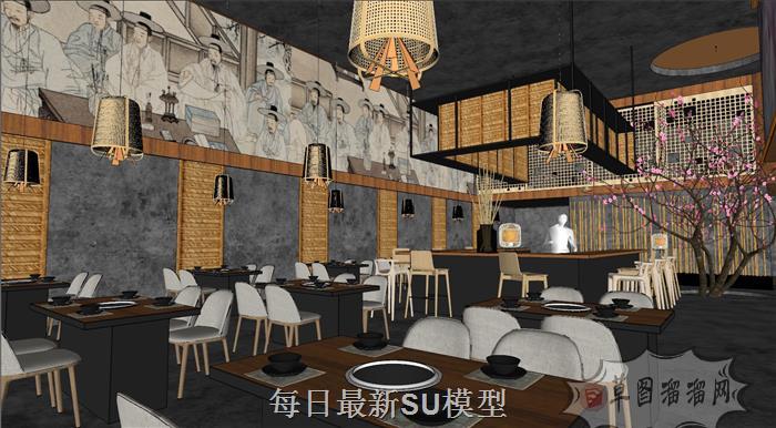 韩国火锅店餐饮店SU模型