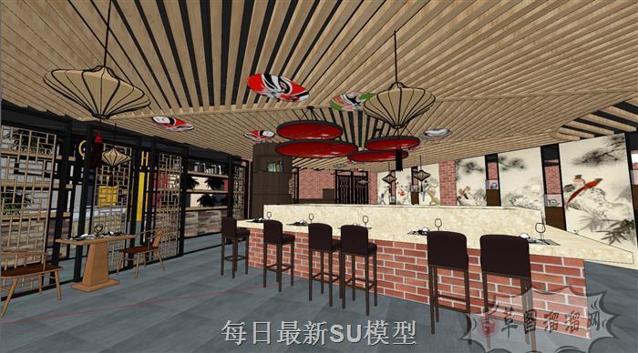 中式乡村餐厅SU模型