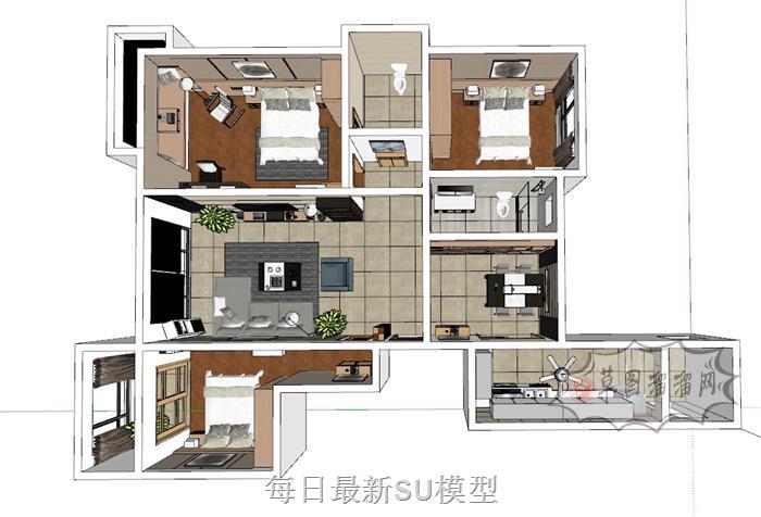 三房家装户型SU模型
