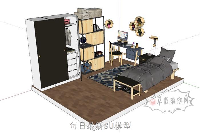 工业风卧室床铺SU模型