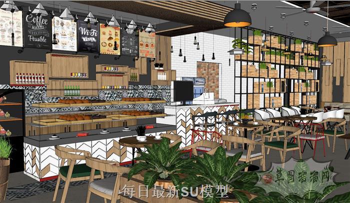工业风奶茶店餐饮店SU模型