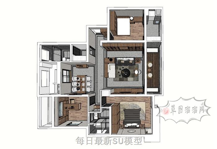 家装户型鸟瞰SU模型