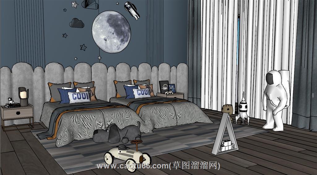 儿童房太空人双人床SU模型