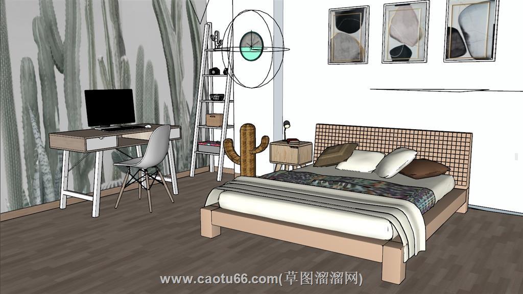 房间床铺书桌SU模型