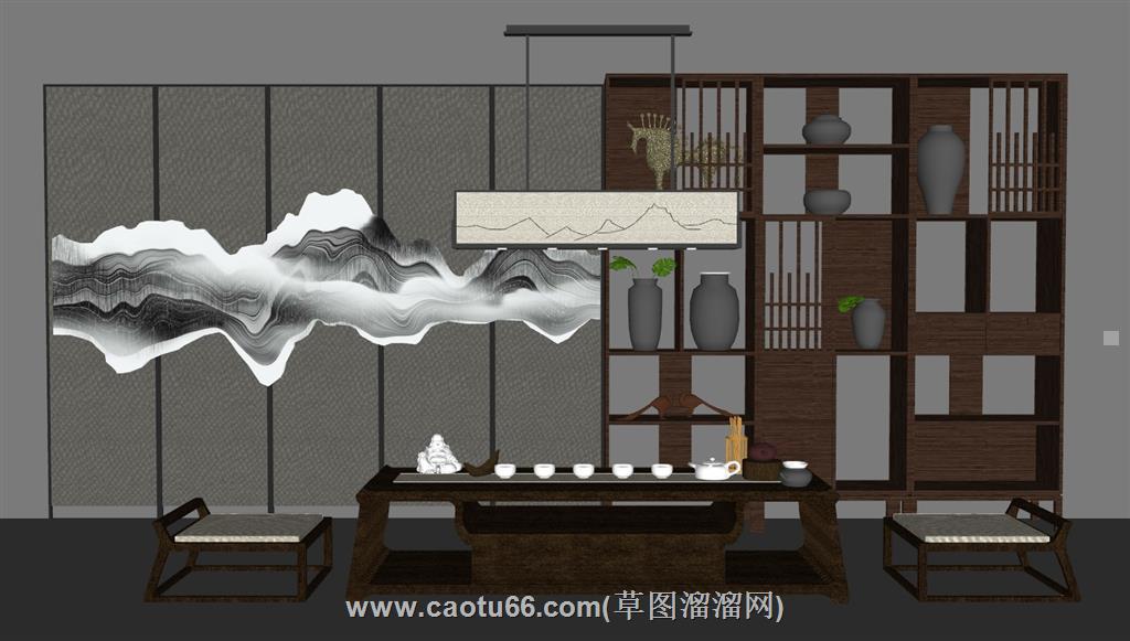 中式茶室茶桌SU模型