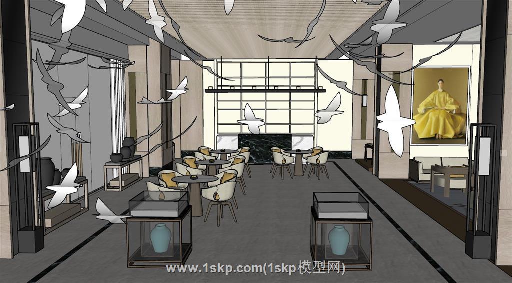中式酒店大堂SU模型