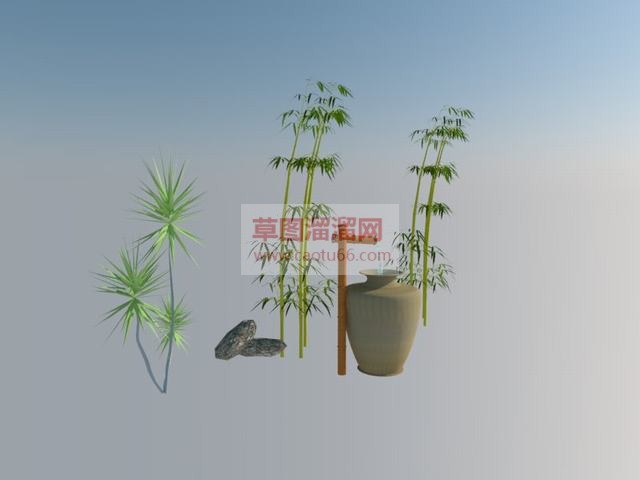 竹筒水缸石块SU模型