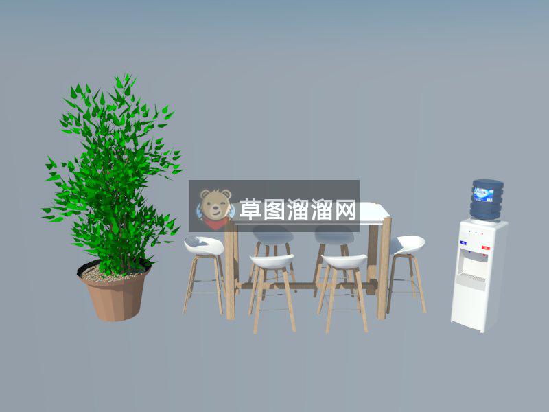 吧台桌饮水机盆栽SU模型