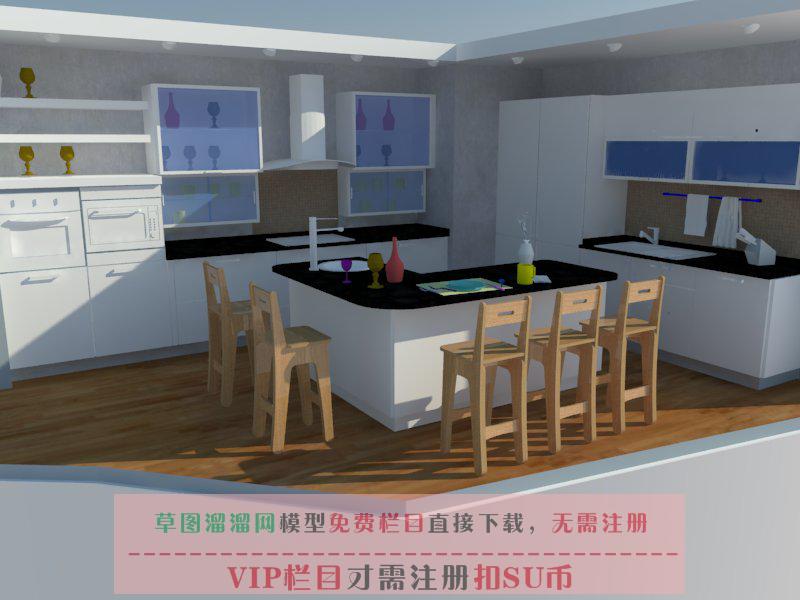 现代厨房橱柜吧台柜SU模型