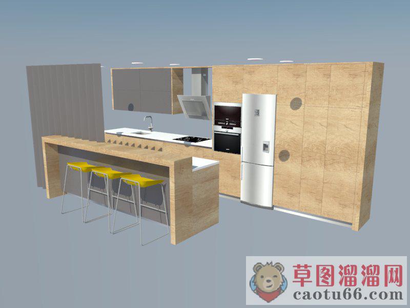 木制厨房吧台SU模型