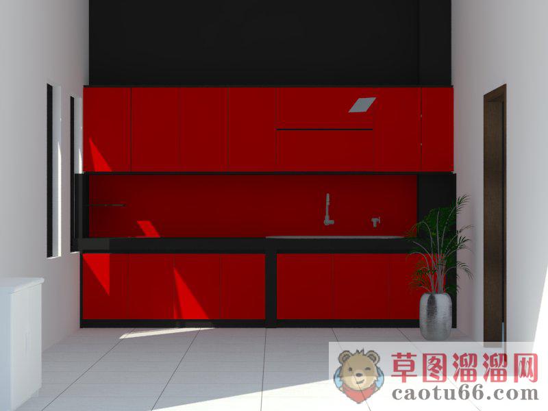 红色现代厨房SU模型