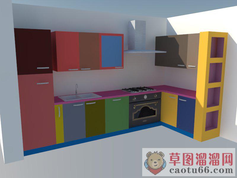 多色块厨房橱柜SU模型