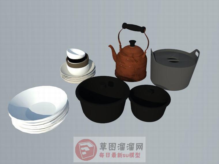 厨房道具碗碟烧水壶SU模型
