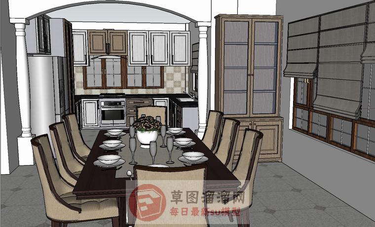 厨房饭厅罗马帘SU模型