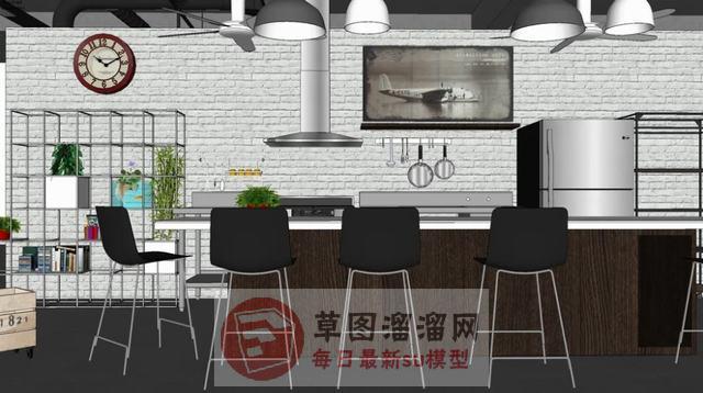 工业风格厨房吧台SU模型