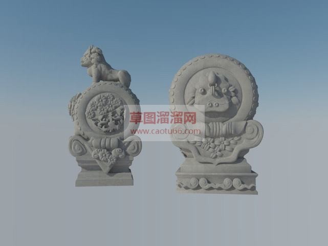 石狮抱鼓石雕SU模型