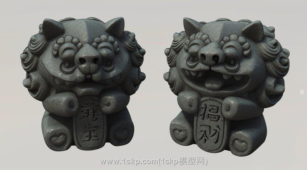 国潮石狮子招财进宝茶宠SU模型