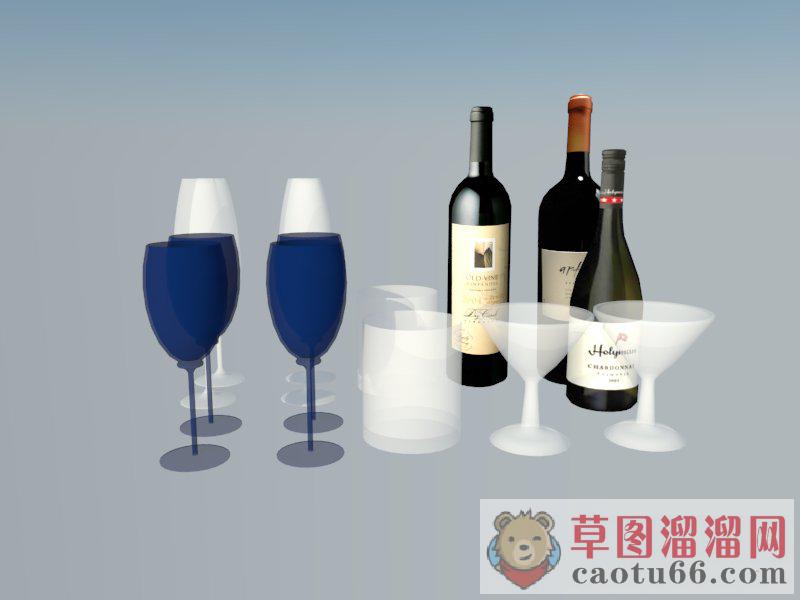 红酒酒瓶高脚杯SU模型