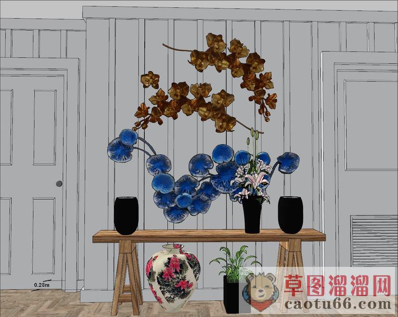 桌子花瓶墙饰品SU模型