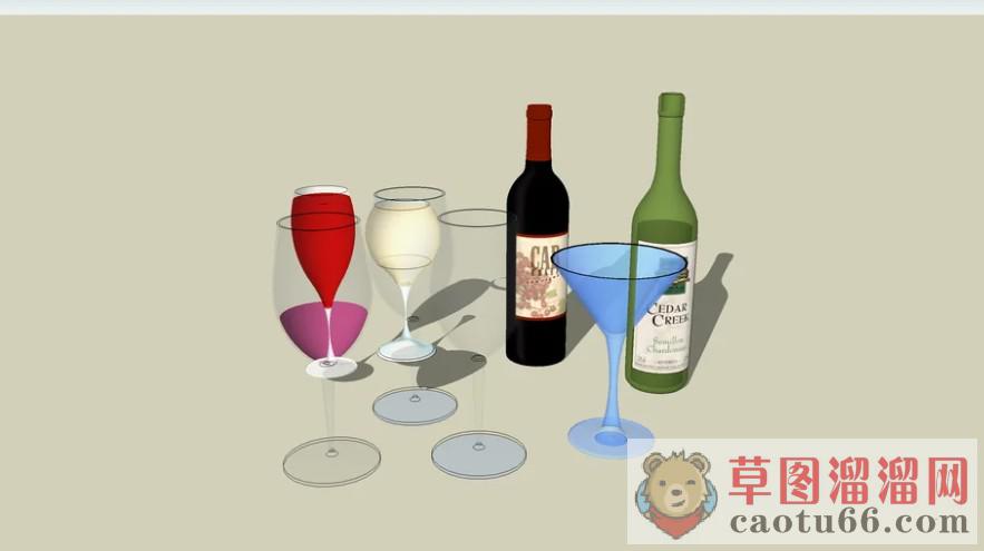 红酒杯高脚杯酒瓶SU模型