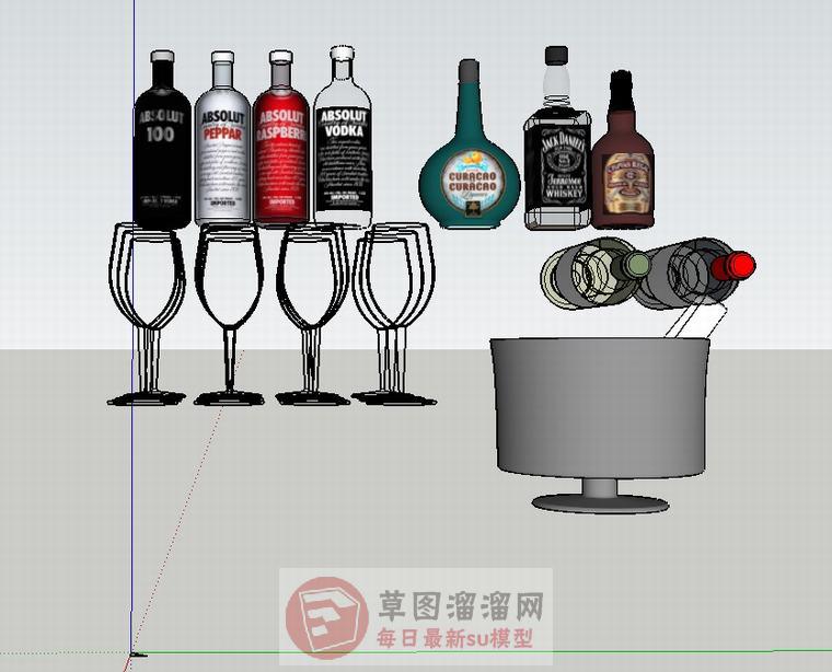酒瓶洋酒高脚杯SU模型