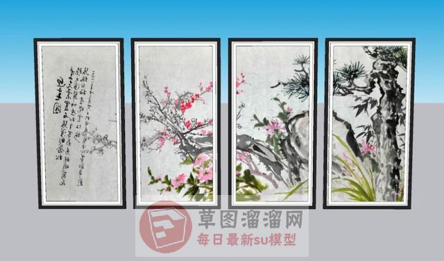 中式挂画山水墨画SU模型
