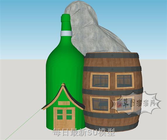 酒瓶酒桶木屋SU模型