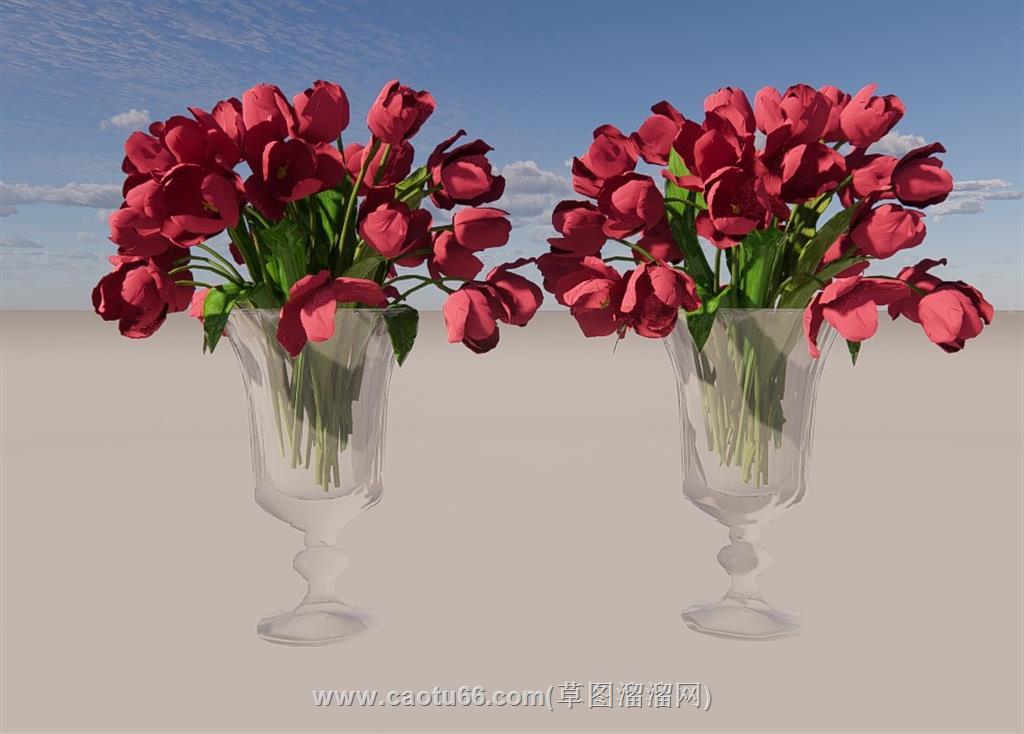 装饰花瓶玫瑰花SU模型