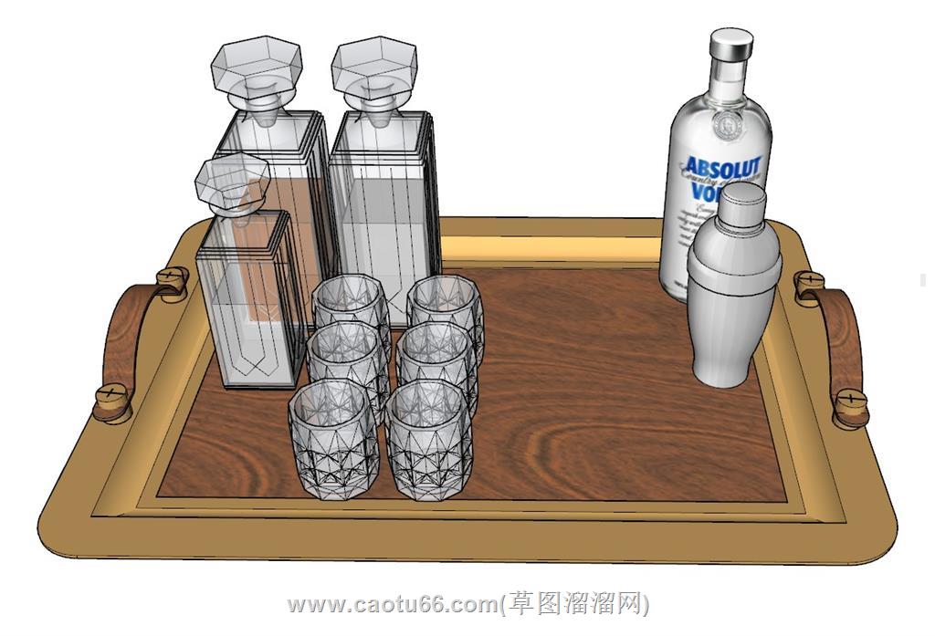 托盘酒瓶酒杯SU模型