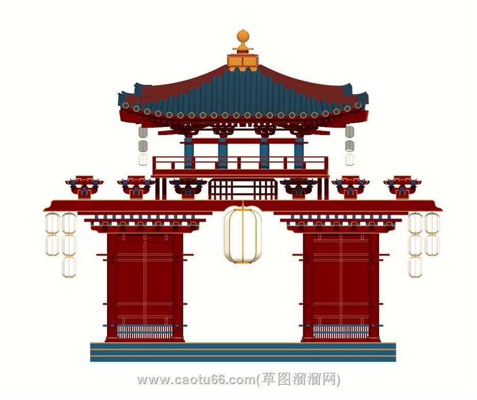 国潮牌楼门楼SU模型