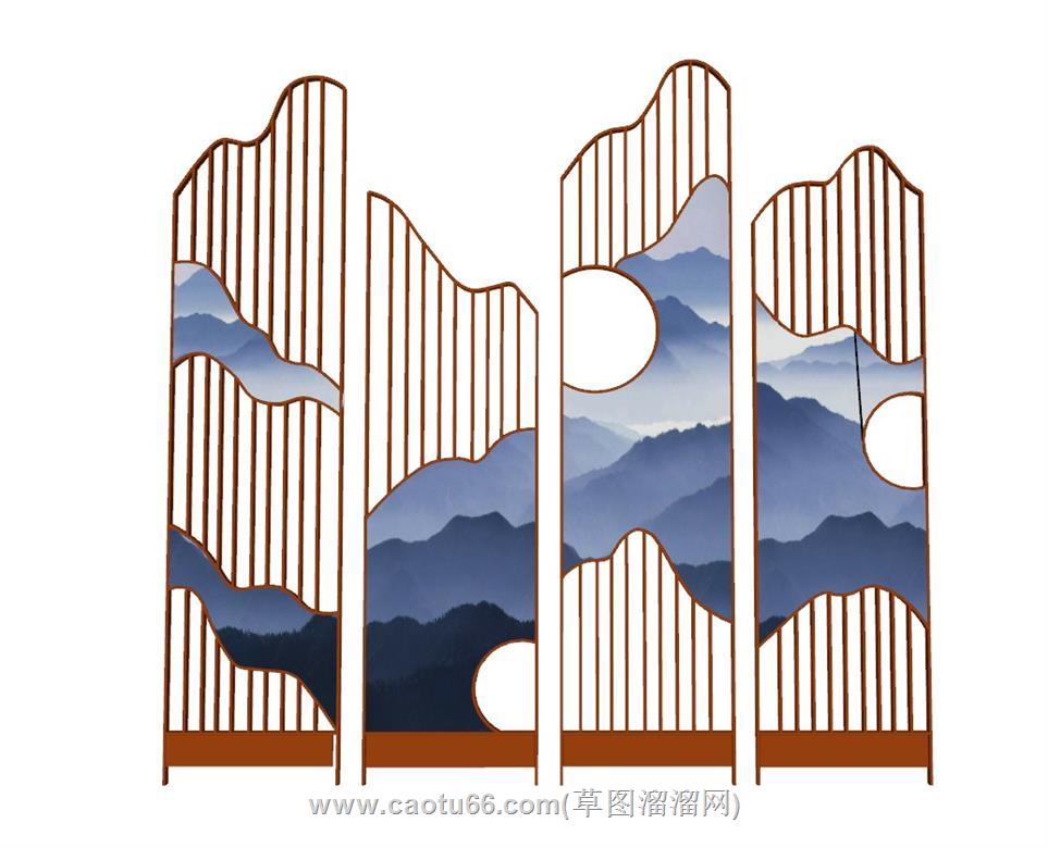 中式山水画隔断SU模型