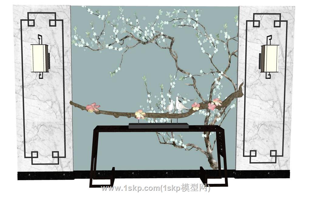 中式瑞景台背景墙SU模型