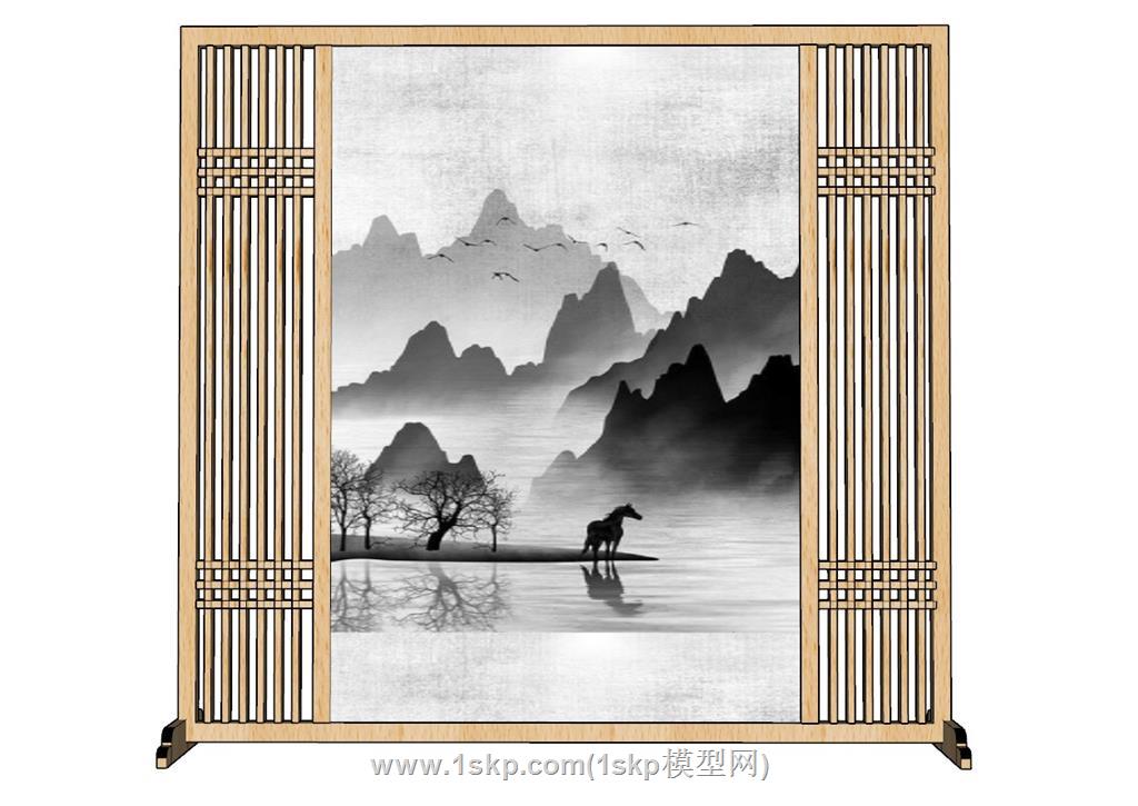 中式山水画屏风SU模型