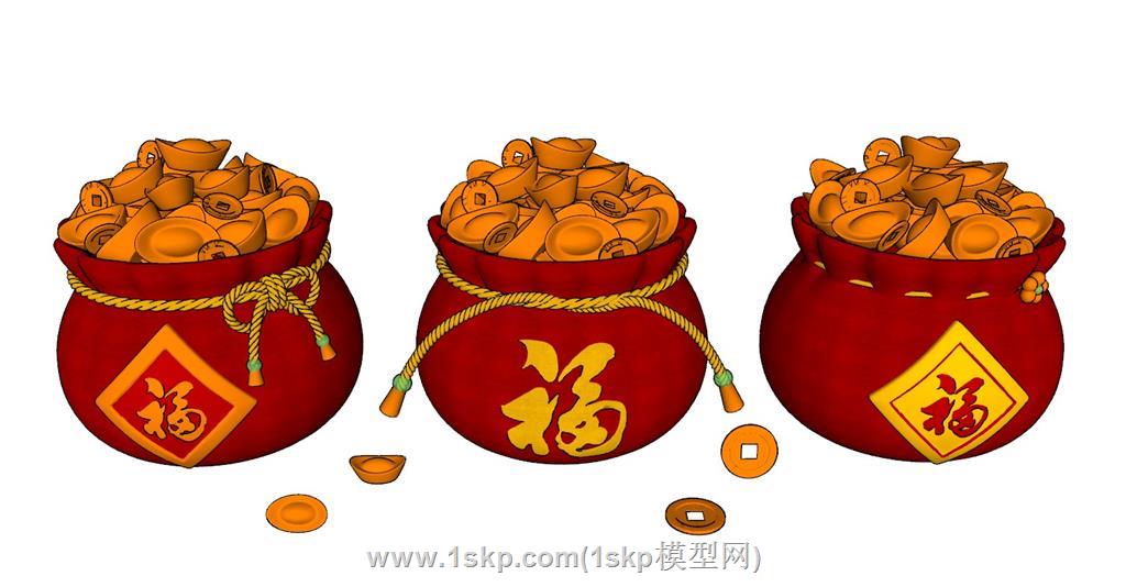 新年春节福袋金元宝铜钱SU模型