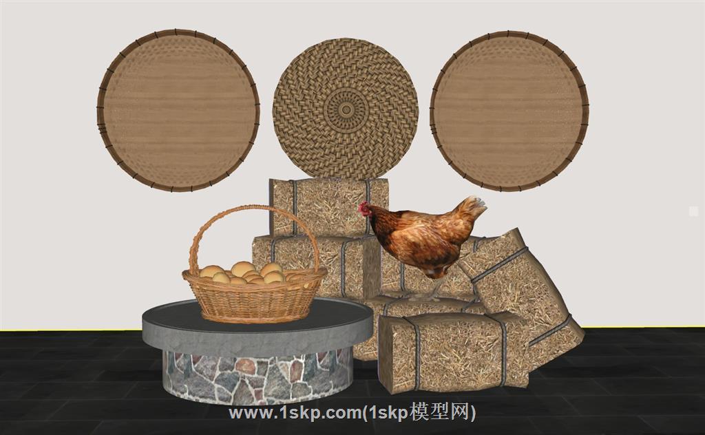 乡村篮子鸡蛋簸箕公鸡SU模型