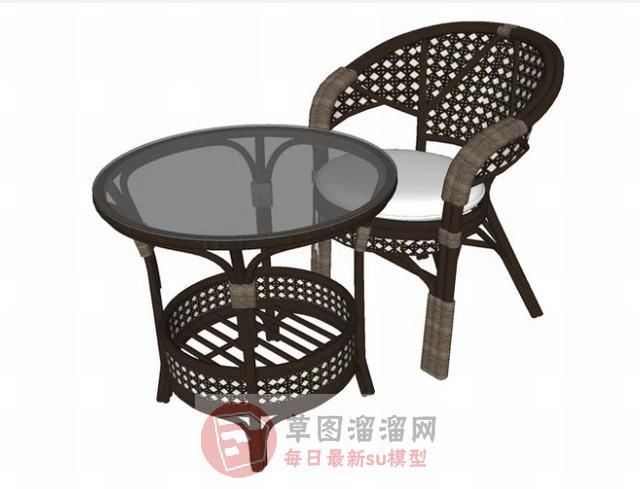 藤制椅子小圆桌SU模型