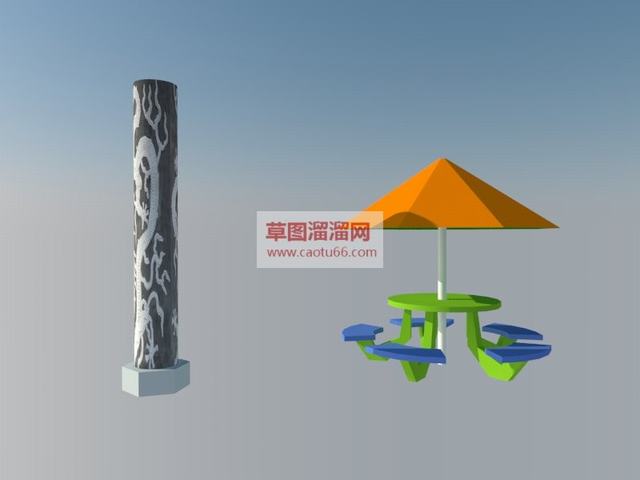 盘龙柱子户外遮阳伞座椅SU模型