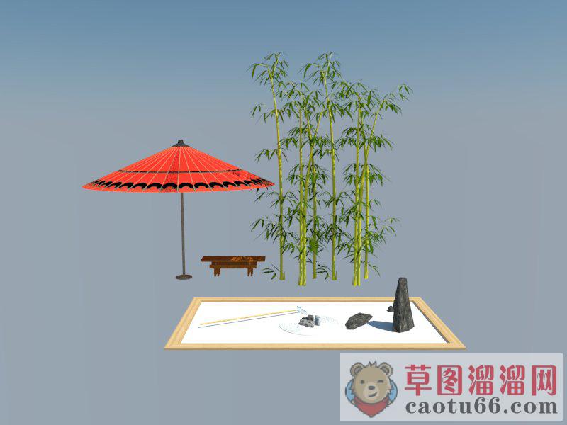 枯山水遮阳伞竹子SU模型