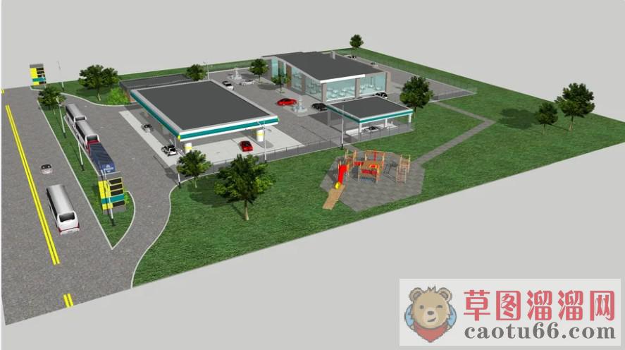 欧式加油站服务区SU模型