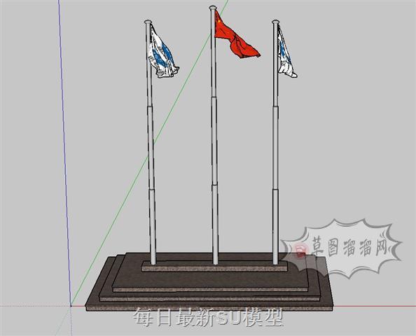 三根旗杆升旗台SU模型