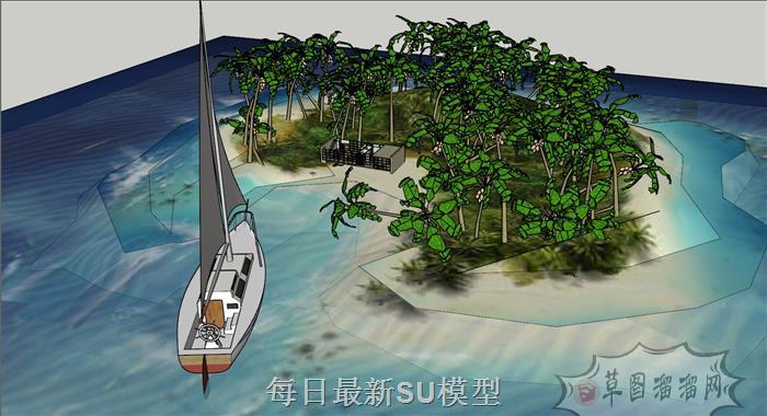 小岛岛屿帆船SU模型