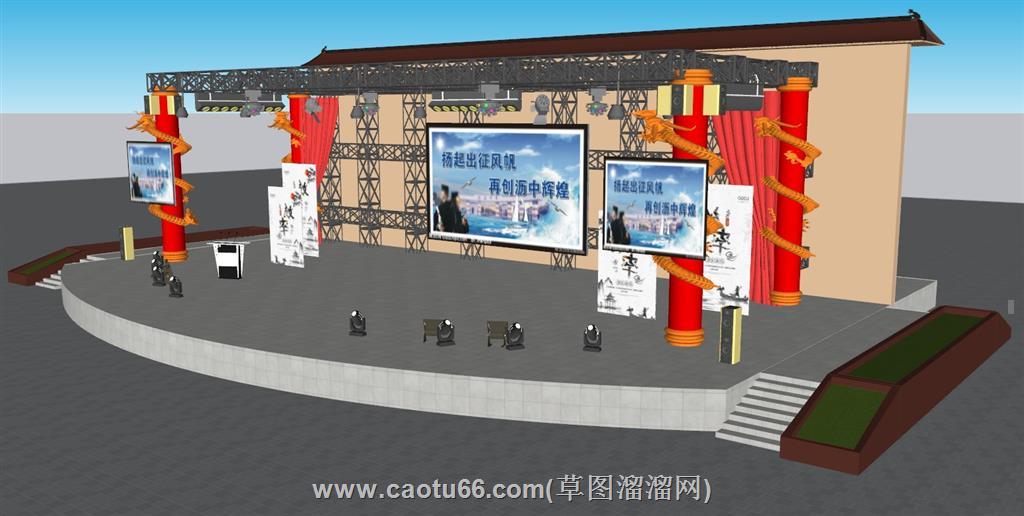 乡村舞台盘龙柱SU模型
