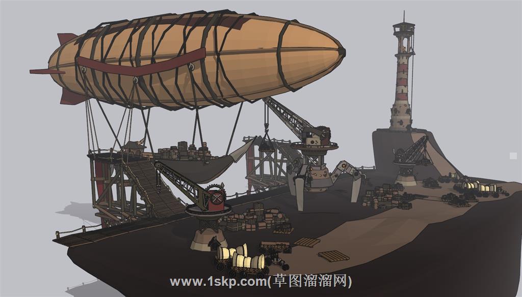 古代飞艇港口SU模型