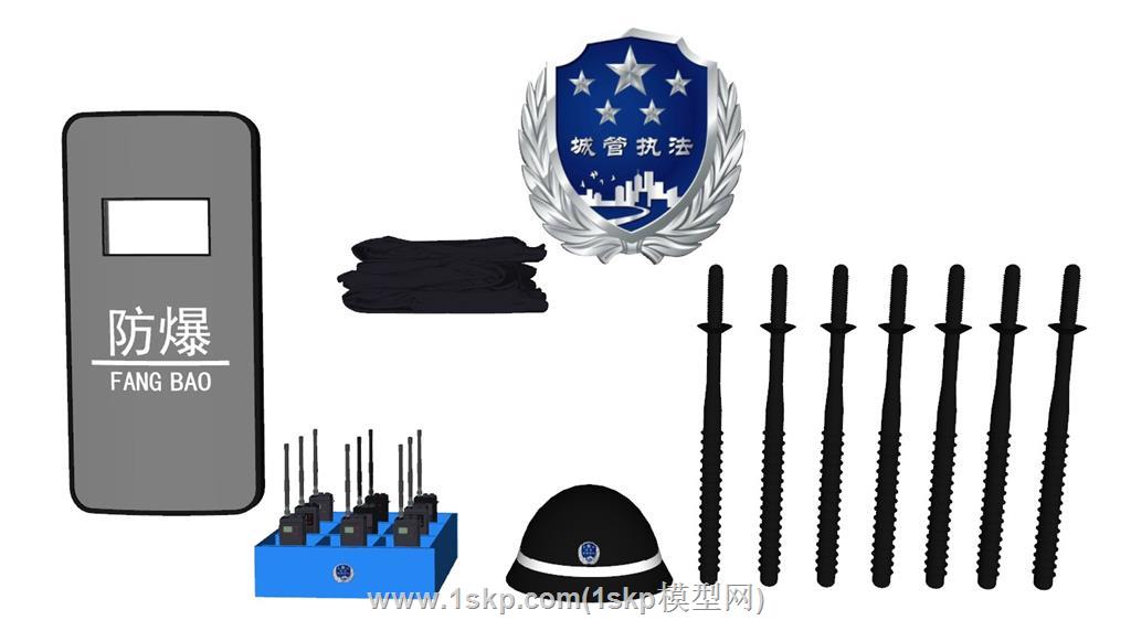 城管防爆盾警棍防暴棍对讲机头盔防刺服SU模型