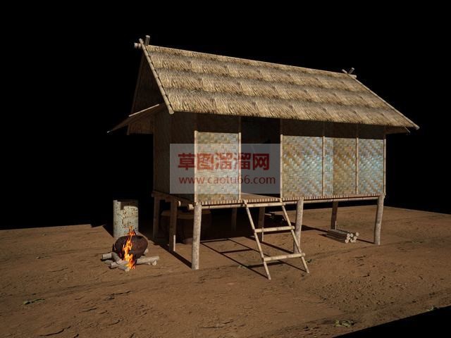简陋茅草屋茅草房SU模型