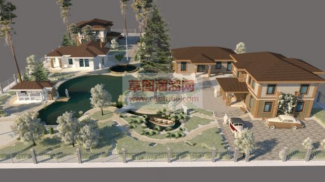 欧式别墅游泳池SU模型